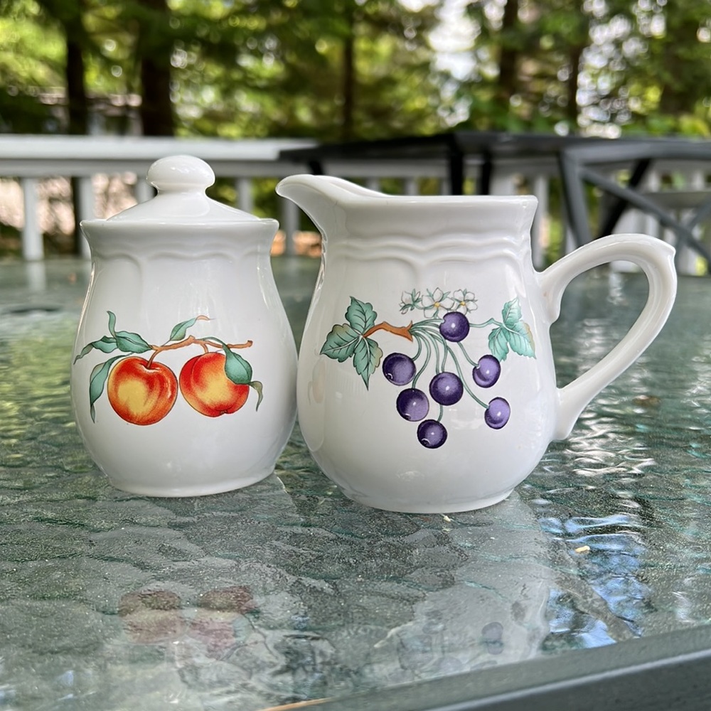 Sugar bowl and creamer ceramic set White with painted fruit. Vintage.